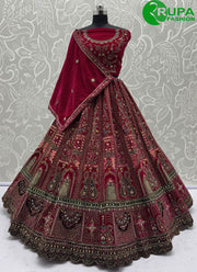 Diamond, Dori, Embroidered, Fancy, Hand, Mirror, Sequins and Zari Work Velvet A - Line Lehenga Choli In Pink and Rani for Bridal